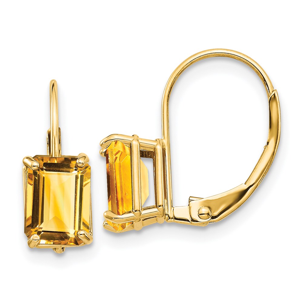 14k Yellow Gold 7x5mm Emerald Cut Citrine Leverback Earrings