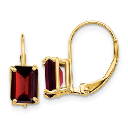 14k Yellow Gold 7x5mm Emerald Cut Garnet Leverback Earrings