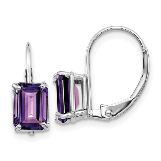 14k White Gold 7x5mm Emerald Cut Amethyst Leverback Earrings