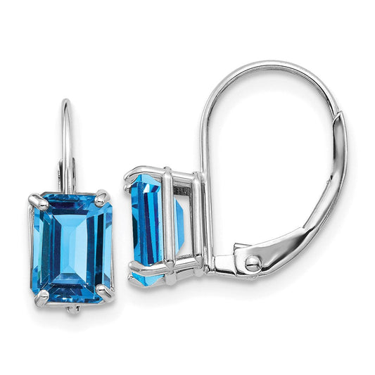 14k White Gold 7x5mm Emerald Cut Blue Topaz Earrings