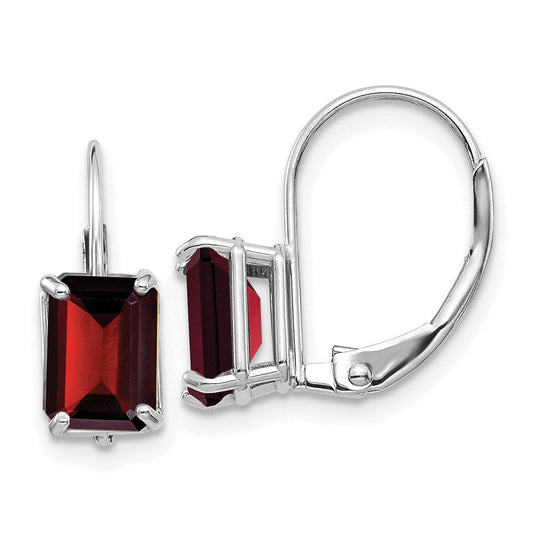 14k White Gold Emerald Cut Garnet Leverback Earrings