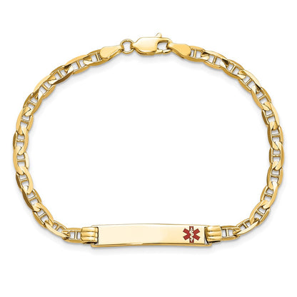 Solid 14K Yellow Gold Medical Red Enamel Anchor Link ID Bracelet