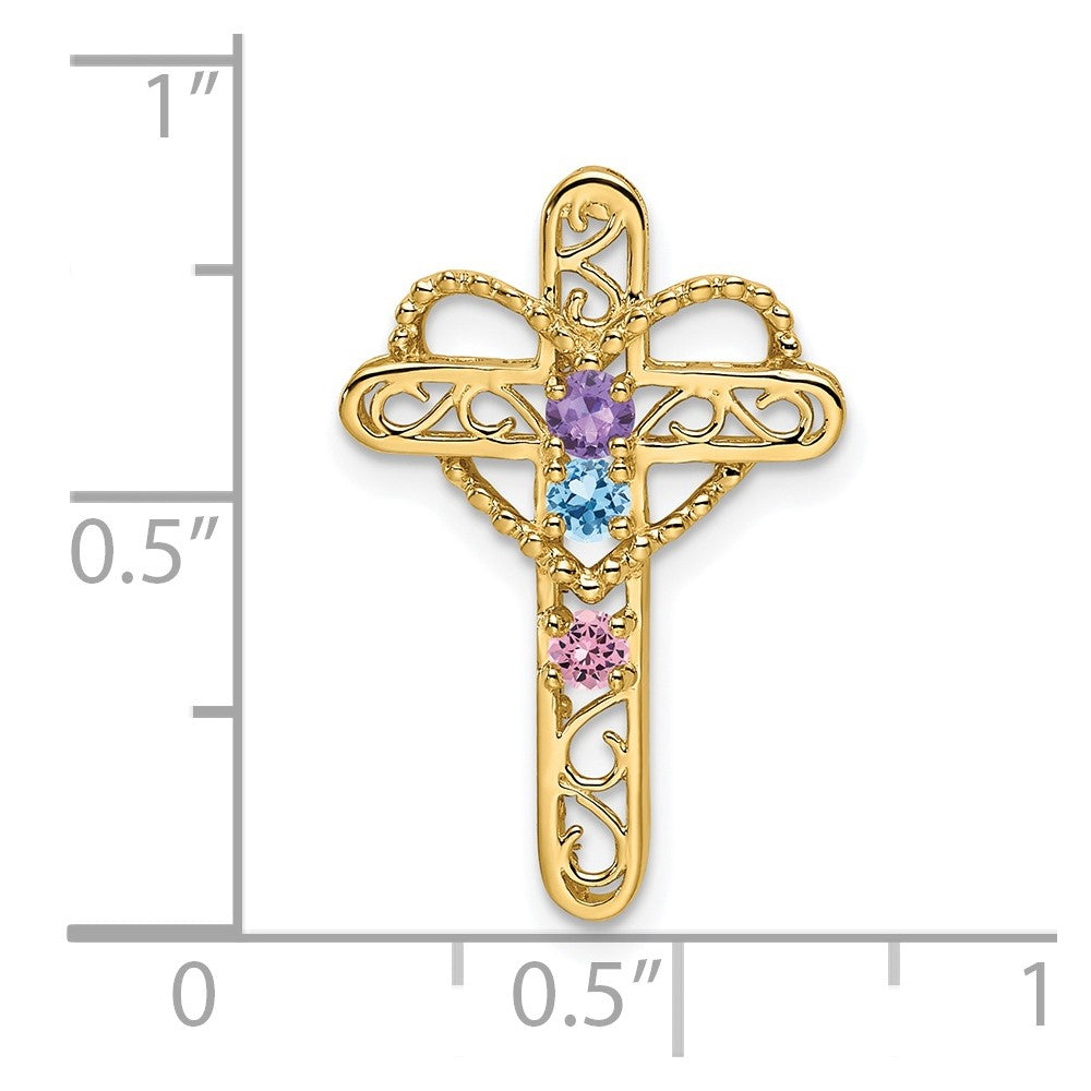 14K Yellow Gold Genuine 3 Stone Mother's Cross Pendant