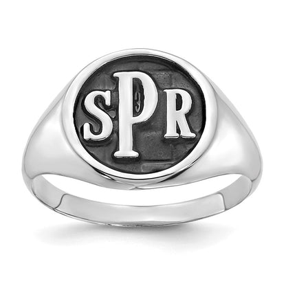 14K White Gold Polished with Antiqued Background Monogram Signet Ring