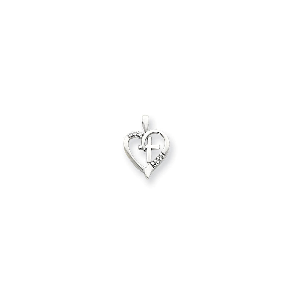 14k White Gold AA Diamond Heart and Cross Pendant