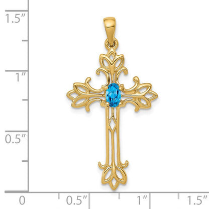 14k 5x3mm Oval Blue Topaz cross Pendant