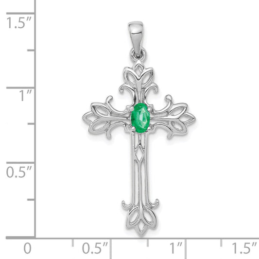 14k White Gold 5x3mm Oval Emerald cross pendant