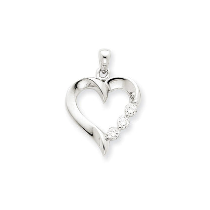 14k White Gold Three Stone Real Diamond Heart Pendant