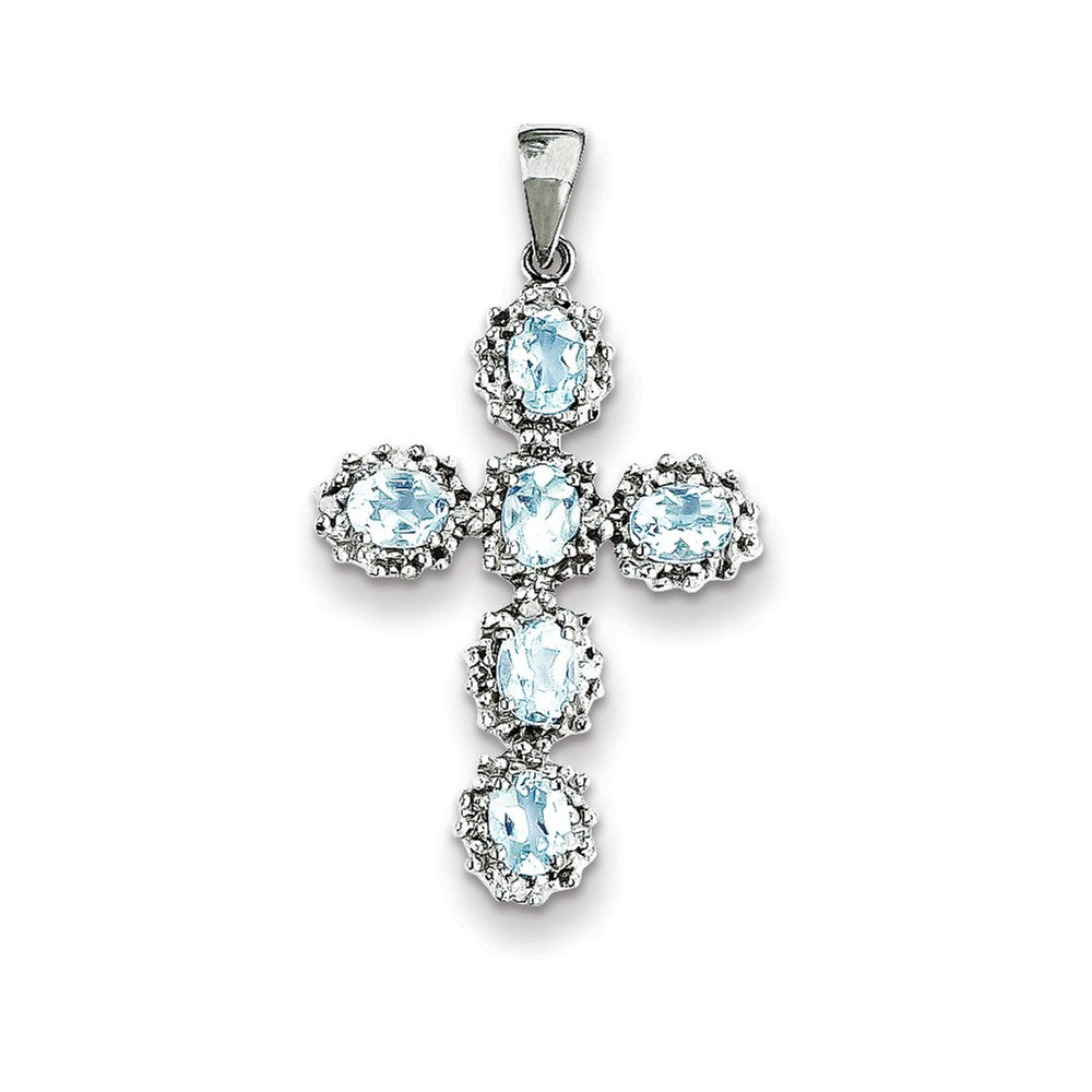 14k White Gold Real Diamond u0026 Aquamarine Cross Pendant