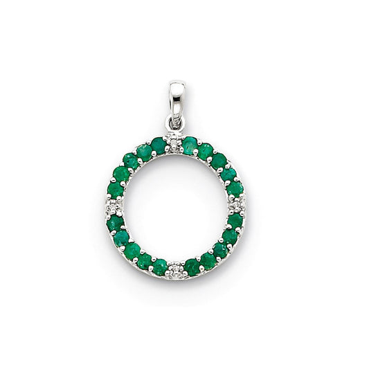 14k White Gold Emerald u0026 Real Diamond Circle Pendant