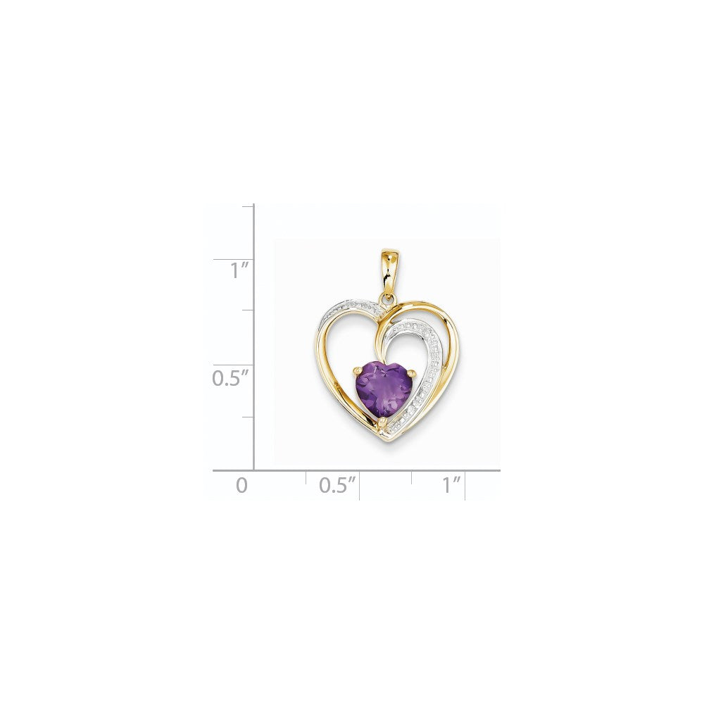 14K Yellow Gold Real Diamond and Amethyst Heart Pendant