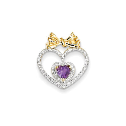 14K Yellow Gold Real Diamond and Amethyst Heart Pendant