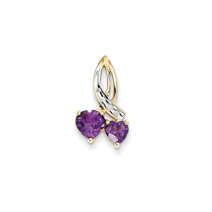 14K Yellow Gold Real Diamond and Amethyst Double Heart Pendant