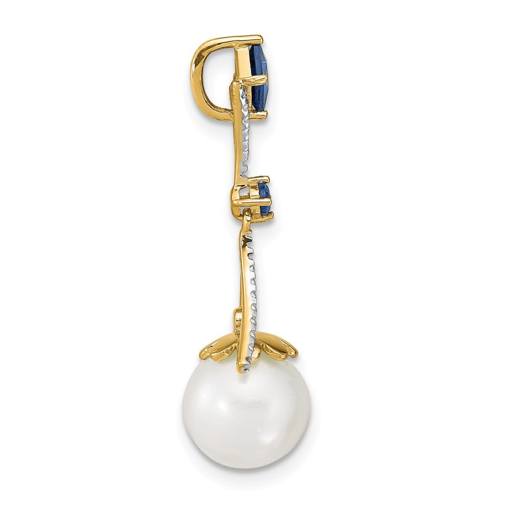 14k Diamond 8 9mm Round FW Cultured Pearl Created Sapphire Pendant