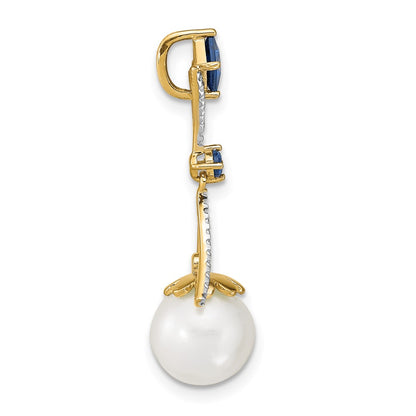 14k Diamond 8 9mm Round FW Cultured Pearl Created Sapphire Pendant