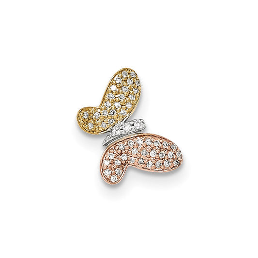 14K Tri color Polished Diamond Butterfly Chain Slide Pendant