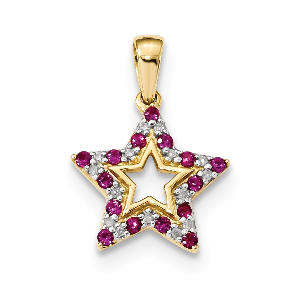 14K Yellow Gold Ruby u0026 Real Diamond Star Pendant