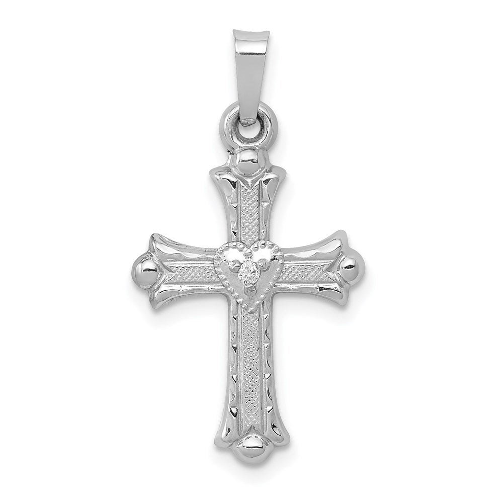14K White Gold Diamond Textured and Polished Fleur de lis Cross Pendant