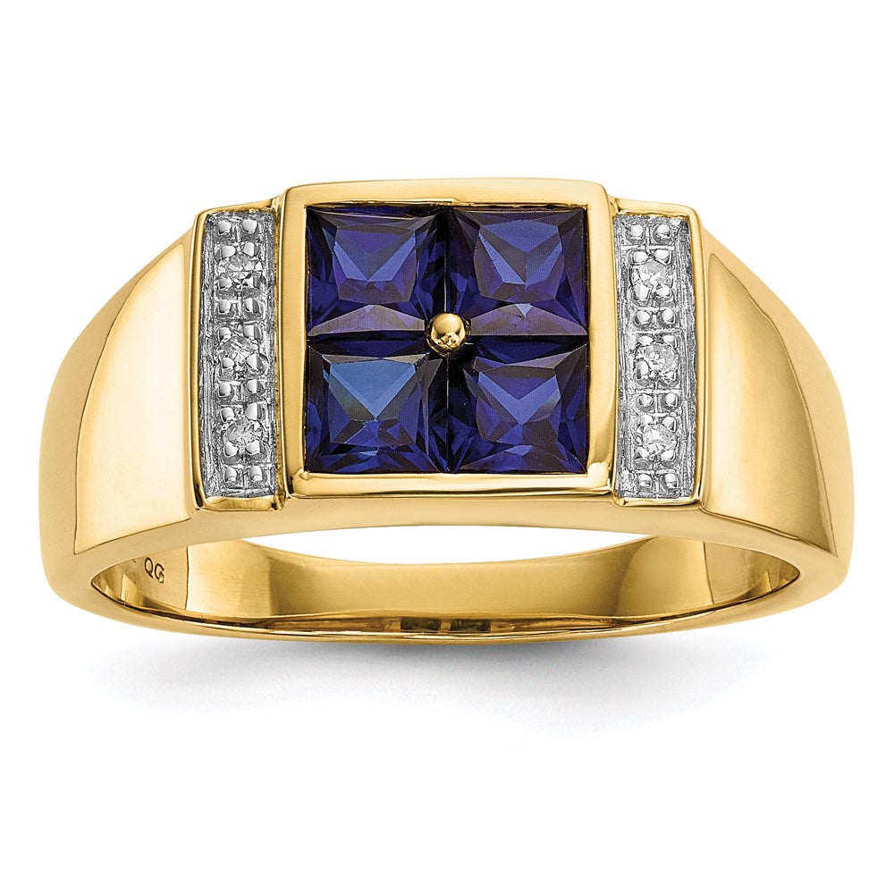 14K Gold w/ Created Sapphire & Real Diamond Men's Ring