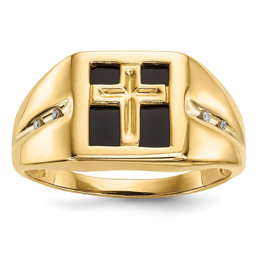 14K Gold w/ Onyx u0026 Real Diamond Cross Christian Religious Men's Ring