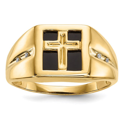 14K Gold w/ Onyx u0026 Real Diamond Cross Christian Religious Men's Ring