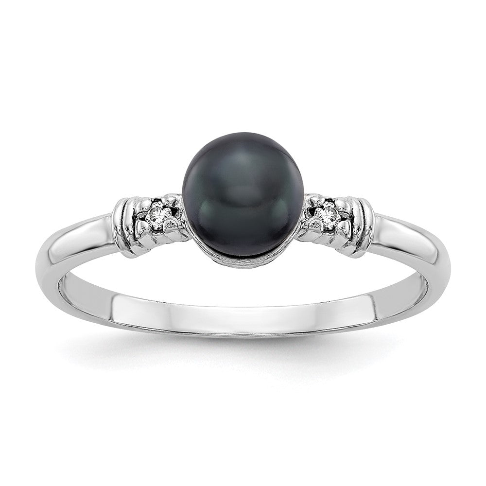 14k White Gold 5mm Black FW Cultured Pearl AA Real Diamond ring