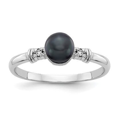 14k White Gold 5mm Black FW Cultured Pearl AA Real Diamond ring