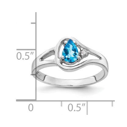 14k White Gold 6x4mm Pear Blue Topaz Checker AA Real Diamond ring