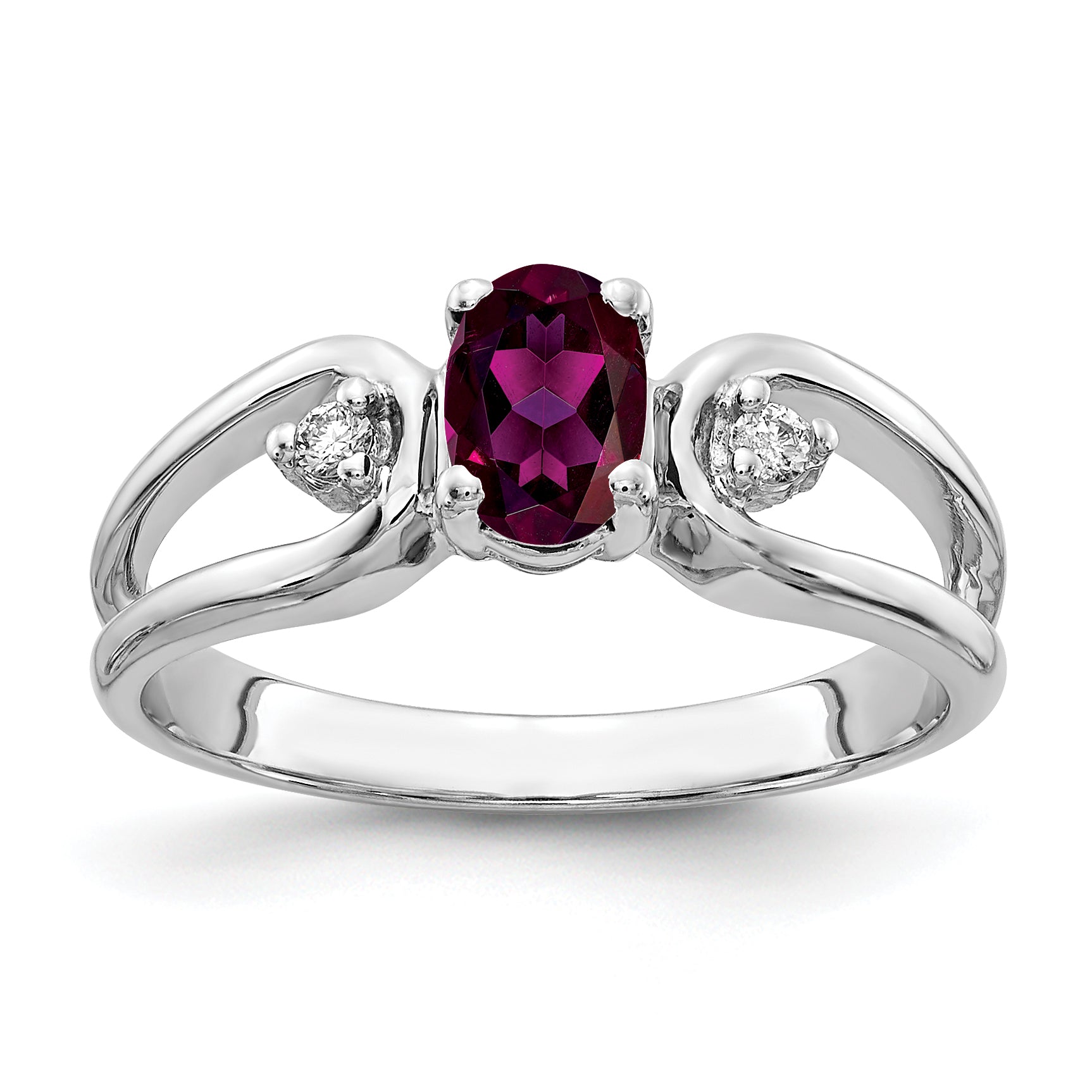 Solid 14k White Gold 6x4mm Oval Rhodolite Simulated Garnet A CZ Ring