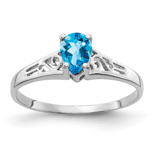 14k White Gold 6x4mm Pear Blue Topaz Checker ring