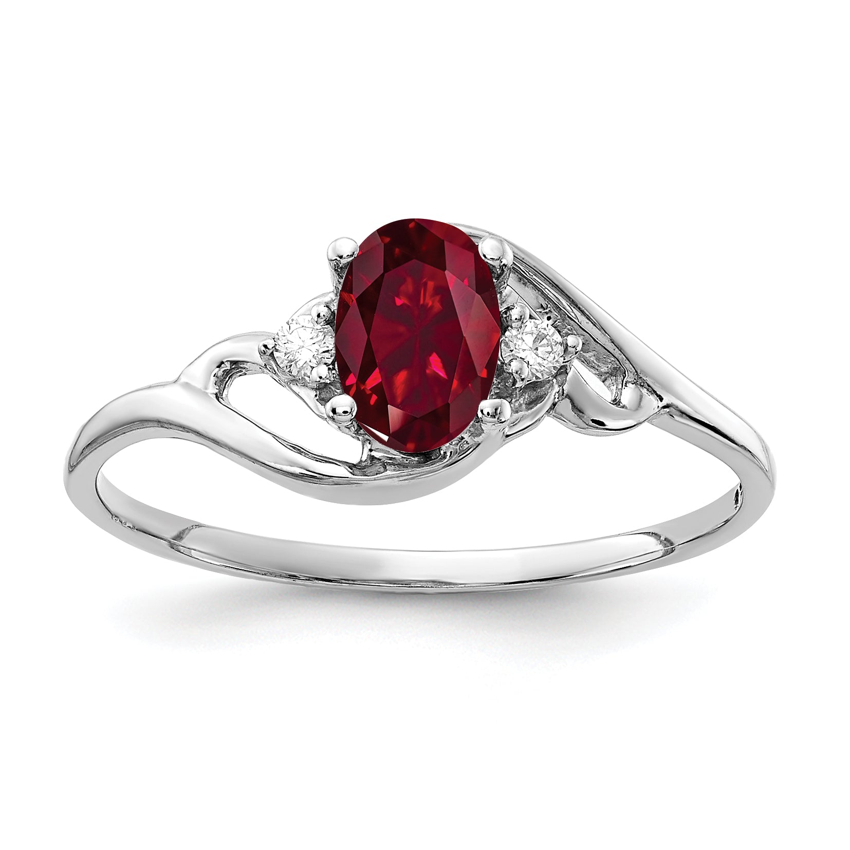 Solid 14k White Gold 6x4mm Oval Created Simulated Ruby VS CZ Ring