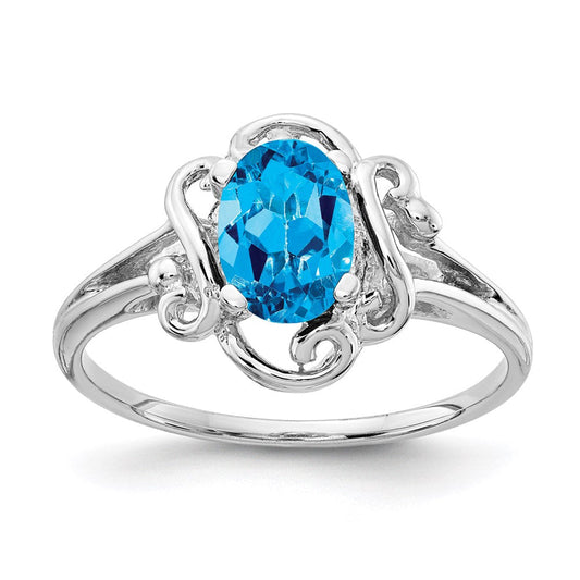 14k White Gold 7x5mm Oval Blue Topaz Checker ring