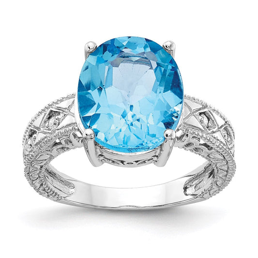 14k White Gold 12x10mm Oval Blue Topaz Checker A Real Diamond ring
