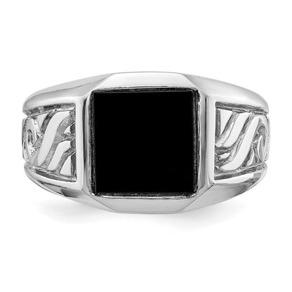 14K White Gold Men's Real Diamond and Black Onyx Signet Ring