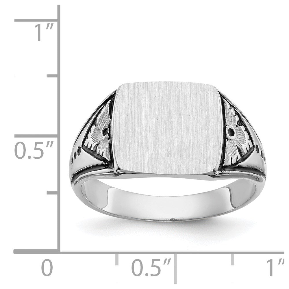 14K White Gold 11.0x11.5mm Closed Back Antiqued Men's Signet Ring