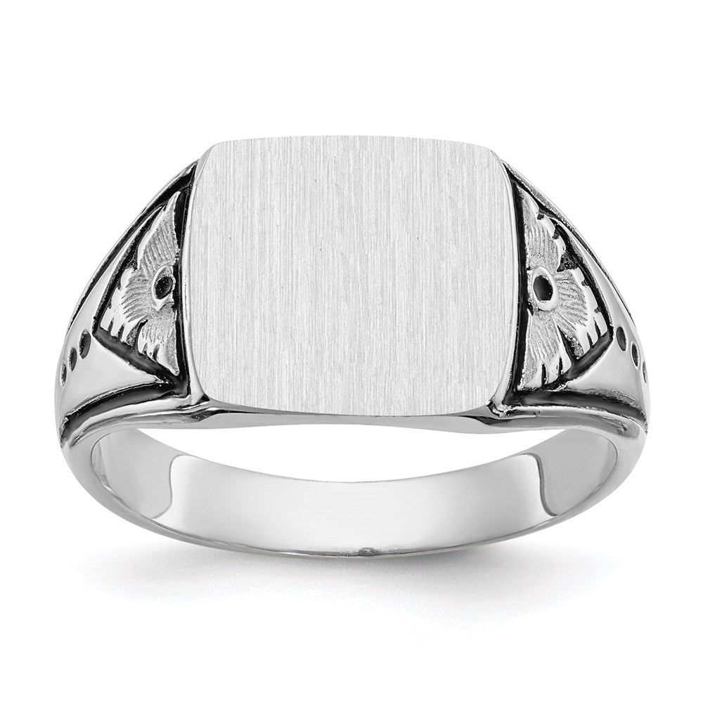 14K White Gold 11.0x11.5mm Closed Back Antiqued Men's Signet Ring