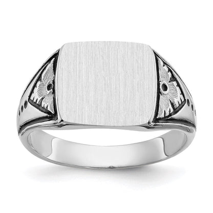 14K White Gold 11.0x11.5mm Closed Back Antiqued Men's Signet Ring