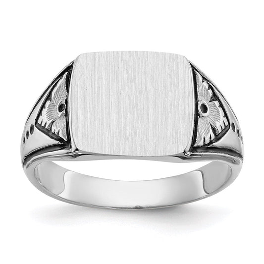 14K White Gold 11.0x11.5mm Closed Back Antiqued Men's Signet Ring