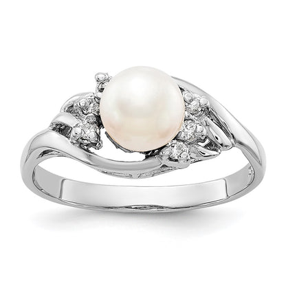 14k White Gold 6mm FW Cultured Pearl A Real Diamond ring