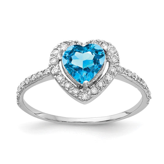 14k White Gold 6mm Heart Blue Topaz AA Real Diamond ring