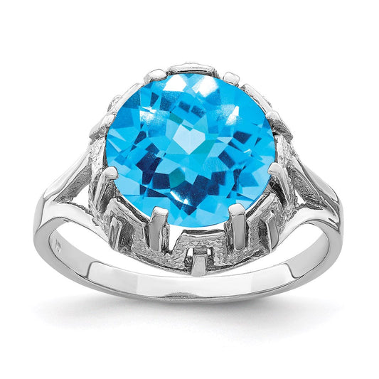 14k White Gold 10mm Blue Topaz Checker ring