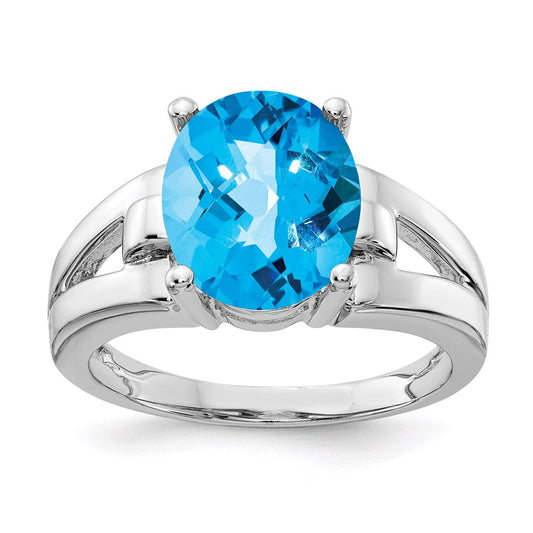 14k White Gold 11x9mm Oval Blue Topaz Checker ring