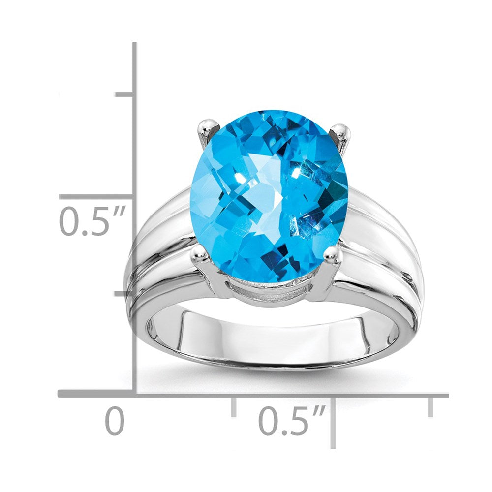 14k White Gold 12x10mm Oval Blue Topaz Checker ring