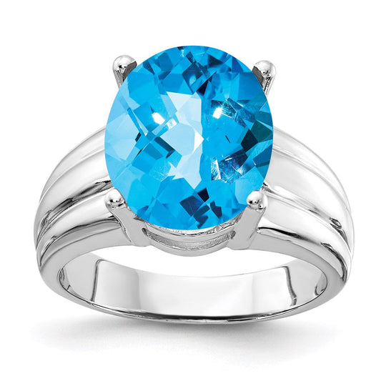 14k White Gold 12x10mm Oval Blue Topaz Checker ring