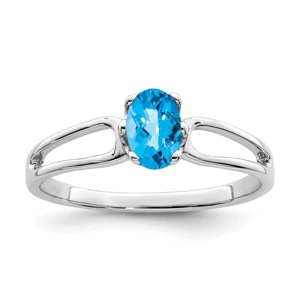14k White Gold 6x4mm Oval Blue Topaz Checker ring