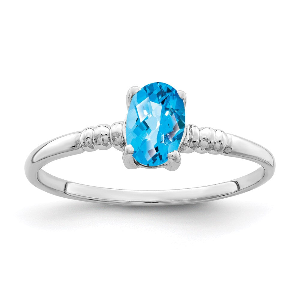 14k White Gold 6x4mm Oval Blue Topaz Checker ring