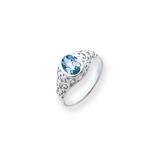 14k White Gold 7x5mm Oval Blue Topaz Checker ring