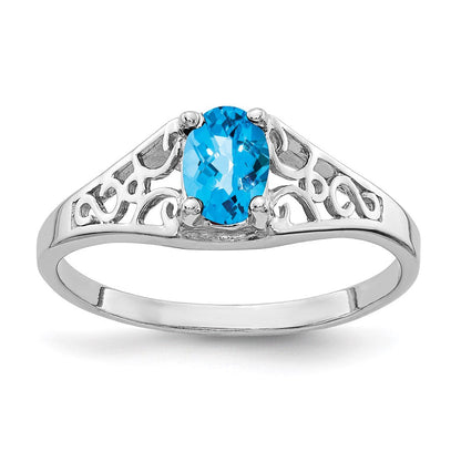 14k White Gold 6x4mm Oval Blue Topaz Checker ring