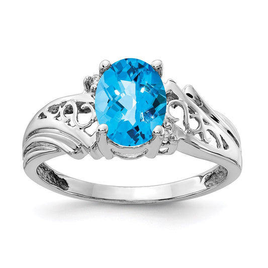 14k White Gold 8x6mm Oval Blue Topaz Checker A Real Diamond ring