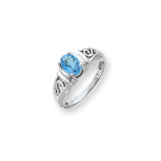 14k White Gold 7x5mm Oval Blue Topaz Checker ring